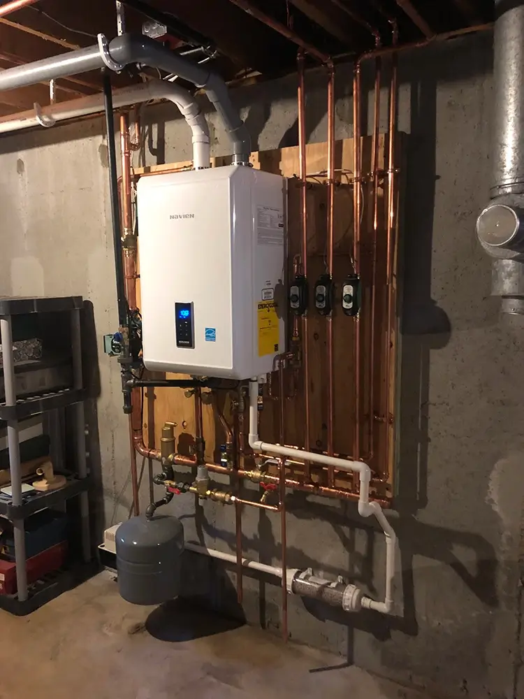 This small Navien Boiler installation takes up less space than a traditional boiler 